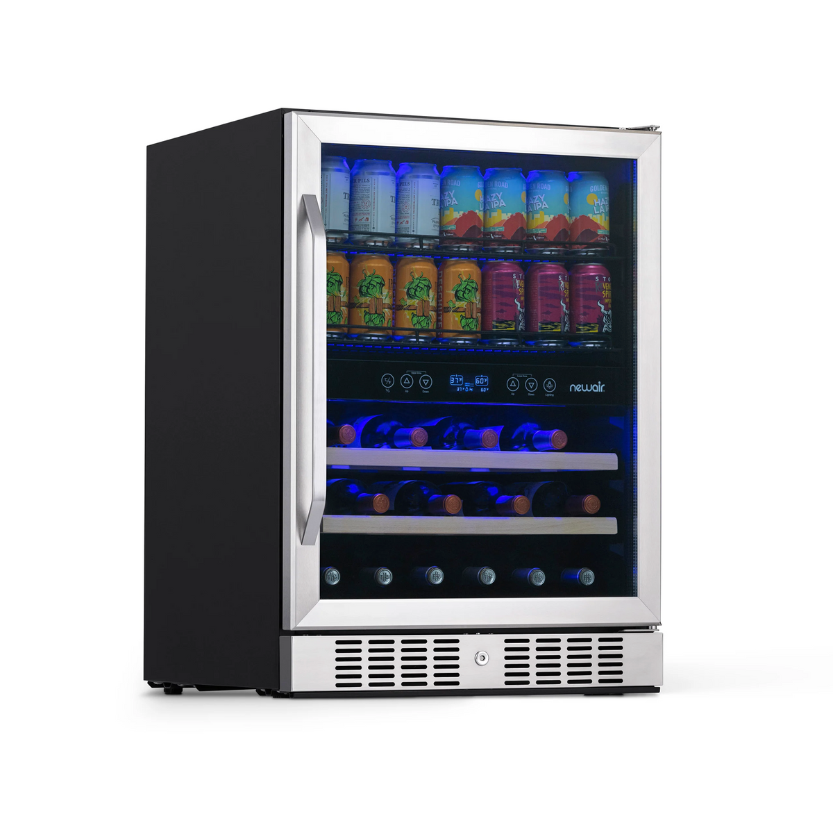 Newair 24” Built-in Dual Zone 20 Bottle and 70 Can Wine and Beverage Fridge in Stainless Steel with SplitShelf™ and Smooth Rolling Shelves